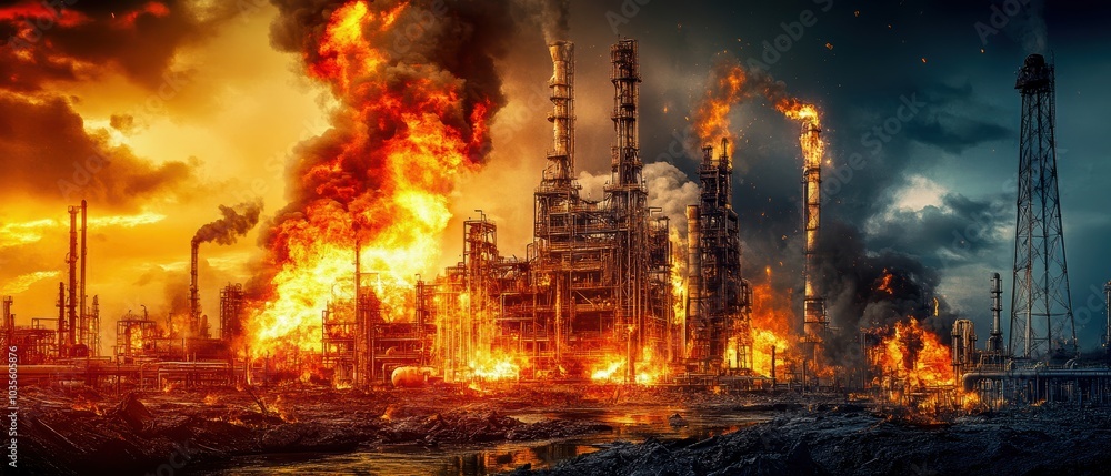 Dramatic scene of a burning industrial complex with flames and smoke, illustrating environmental challenges. Dramatic scene of a burning industrial complex with flames and smoke, illustrating environmental challenges.