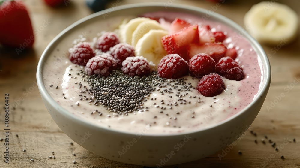 A healthy smoothie bowl, topped with chia seeds, coconut flakes, and fresh fruit A healthy smoothie bowl, topped with chia seeds, coconut flakes, and fresh fruit
