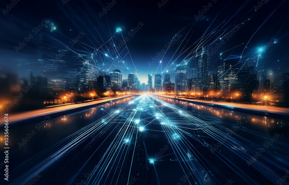 A futuristic cityscape with a glowing network of lines and nodes emanating from a highway running through the center of the city. A futuristic cityscape with a glowing network of lines and nodes emanating from a highway running through the center of the city.