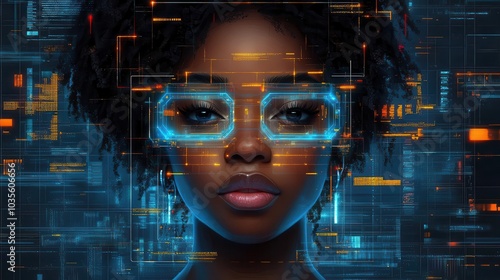 Wallpaper Mural a powerful illustration depicting a black female it specialist analyzing data through augmented reality technology set against a backdrop of cybersecurity elements blending skill and innovation Torontodigital.ca