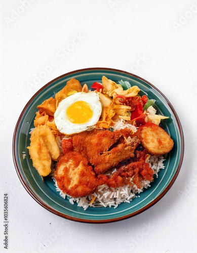 Indonesian Nasi Uduk: Fragrant coconut rice, crispy fried chicken, a sunny-side-up egg, and flavorful sambals. A delightful culinary experience! photo