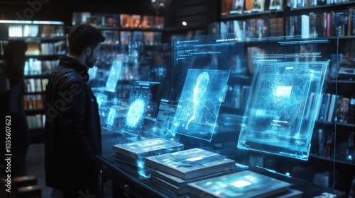 Man Browsing Futuristic Shop With Holographic Displays