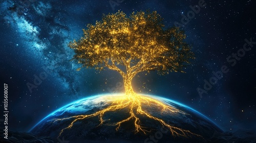 A tree made of light growing from a globe, with roots and branches connecting across the Earth, symbolizing the life-giving relationship between them photo