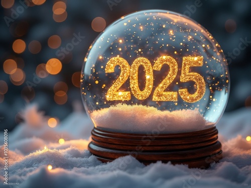 Festive snow globe with golden 2025 numerals inside, surrounded by snow and twinkling lights, representing the New Year celebration