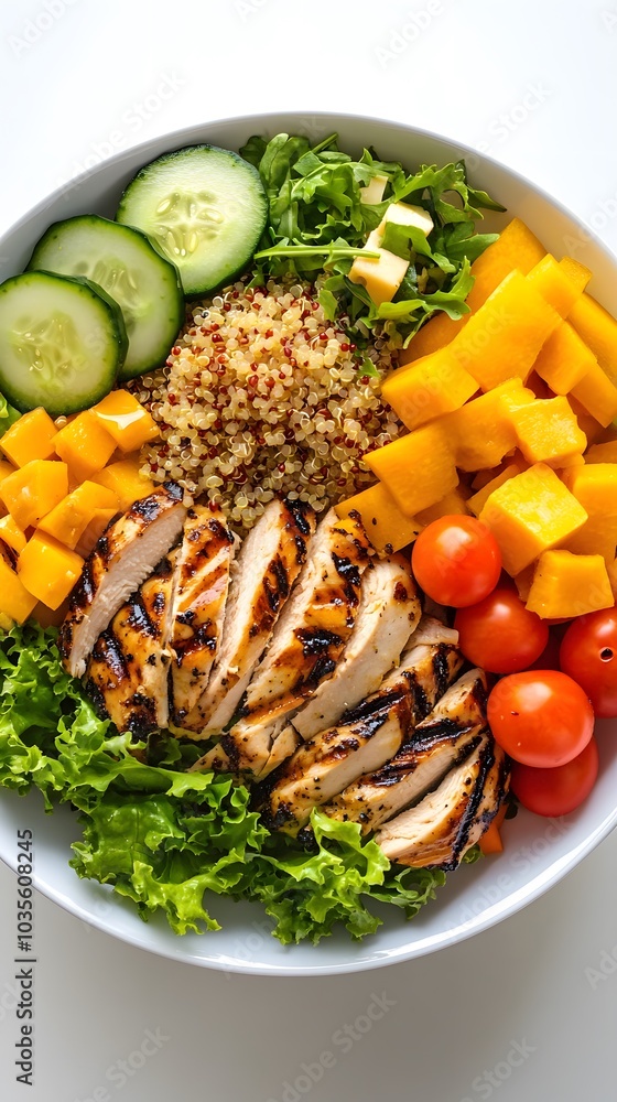 custom made wallpaper toronto digitalA white plate with grilled chicken, quinoa, and vegetables on it.