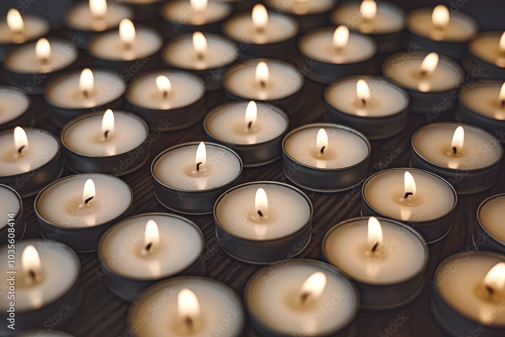 A plethora of small, white tealight candles, evenly spaced and arranged in a grid pattern A plethora of small, white tealight candles, evenly spaced and arranged in a grid pattern
