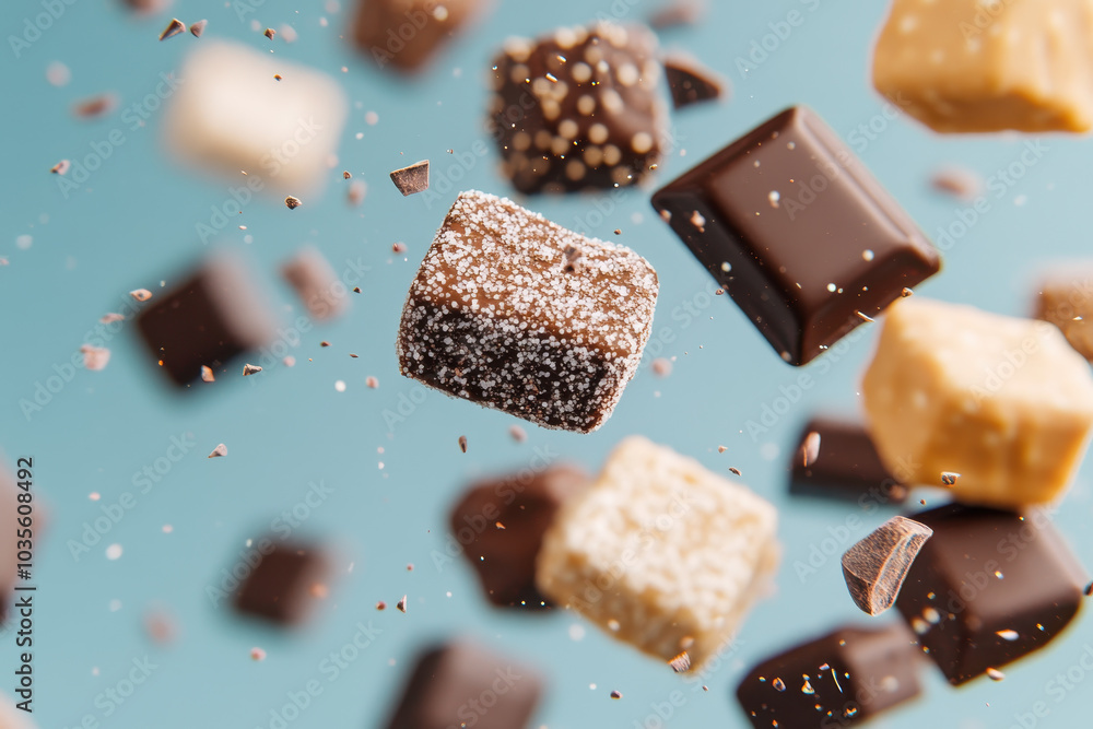 Assorted gourmet chocolates and pralines floating mid-air against light blue background in food photography Assorted gourmet chocolates and pralines floating mid-air against light blue background in food photography