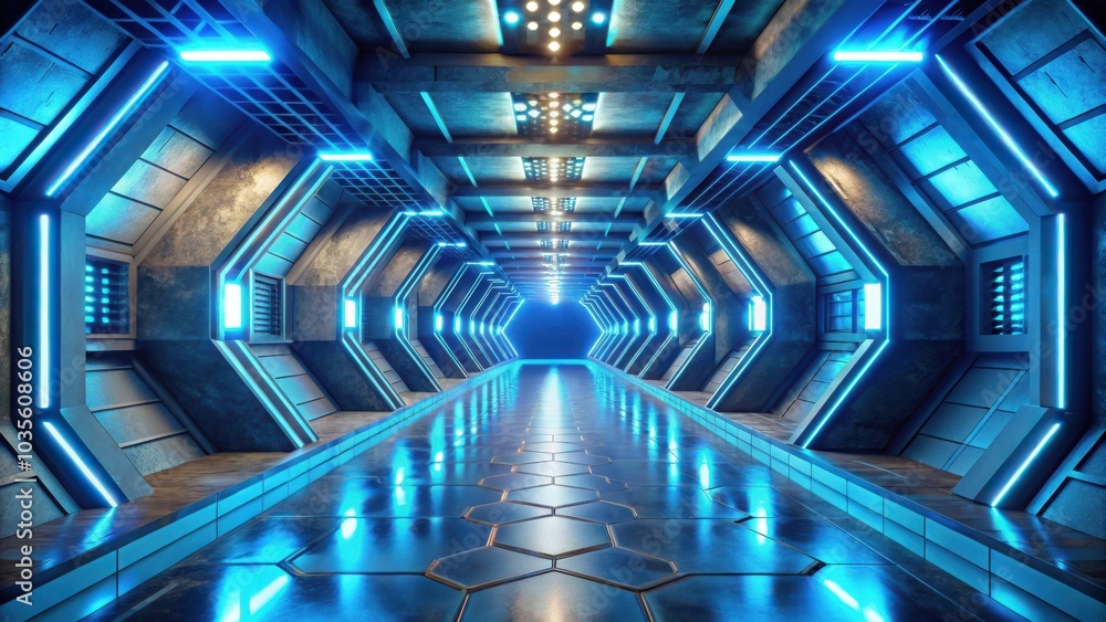 A Futuristic Corridor with Blue Neon Lights and a Hexagonal Floor Leading to an Unknown Destination A Futuristic Corridor with Blue Neon Lights and a Hexagonal Floor Leading to an Unknown Destination