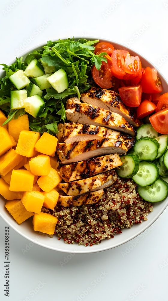 A white plate with grilled chicken, quinoa, and vegetables on it. A white plate with grilled chicken, quinoa, and vegetables on it.