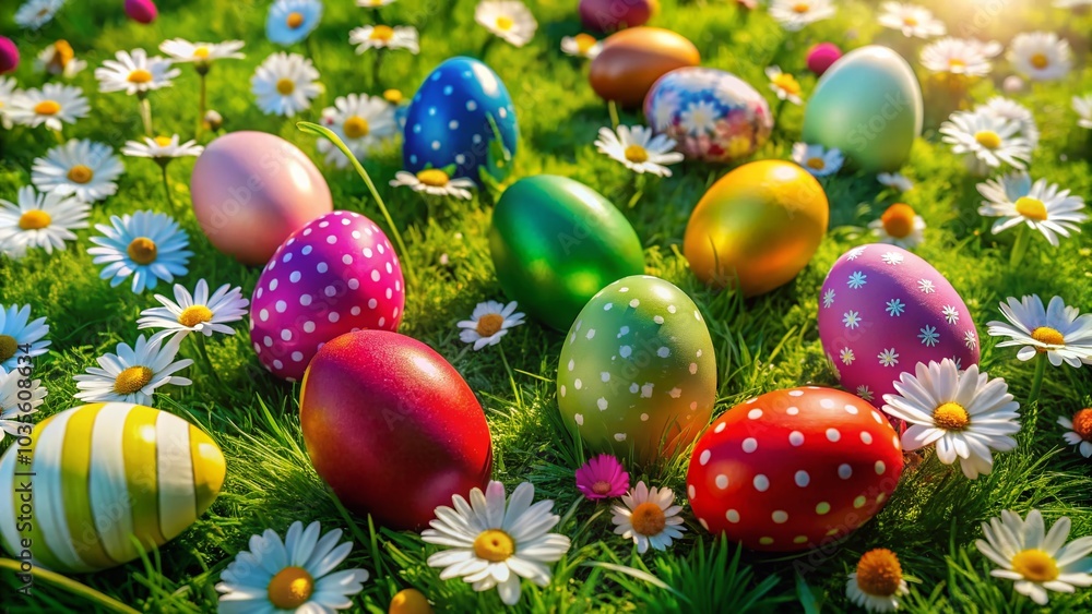 Aerial View of Colorful Easter Painted Eggs Nestled in Green Grass Surrounded by White Daisies for Spring Celebrations Aerial View of Colorful Easter Painted Eggs Nestled in Green Grass Surrounded by White Daisies for Spring Celebrations