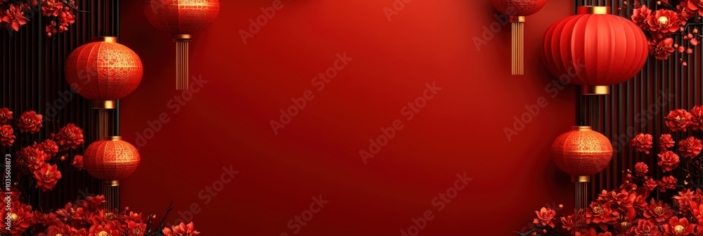 A clean and contemporary Chinese new year banner, red, and gold lantern arrangement in the border frame of a red background with a large area for text in the middle. A clean and contemporary Chinese new year banner, red, and gold lantern arrangement in the border frame of a red background with a large area for text in the middle.