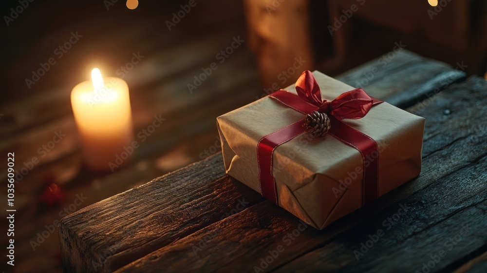 A beautifully wrapped gift with a red bow rests on a rustic wooden table, glowing softly in warm candlelight A beautifully wrapped gift with a red bow rests on a rustic wooden table, glowing softly in warm candlelight