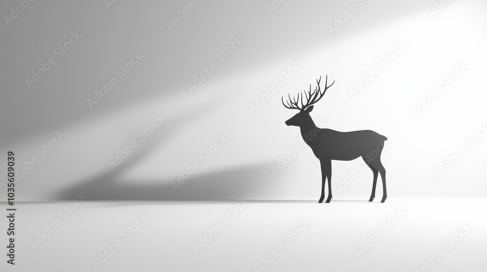 Obraz premium Minimalist 3D render of a single reindeer silhouette against a soft white background with gentle shadows