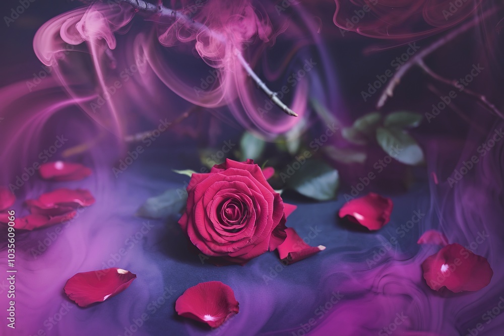A red rose surrounded by swirling pink and purple smoke or mist, creating a mystical and ethereal atmosphere A red rose surrounded by swirling pink and purple smoke or mist, creating a mystical and ethereal atmosphere