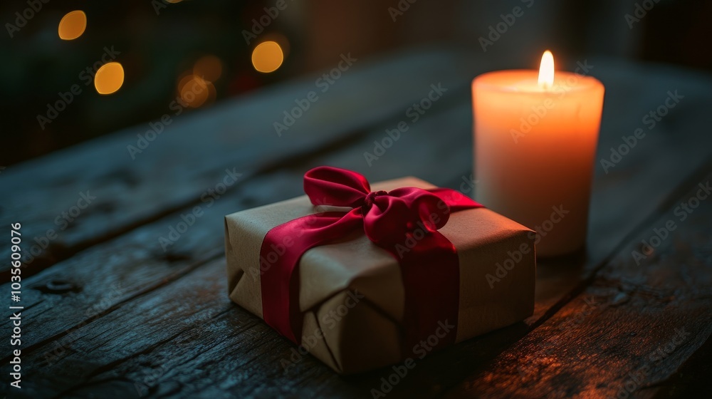 A beautifully wrapped gift with a red bow rests on a rustic wooden table, glowing softly in warm candlelight A beautifully wrapped gift with a red bow rests on a rustic wooden table, glowing softly in warm candlelight