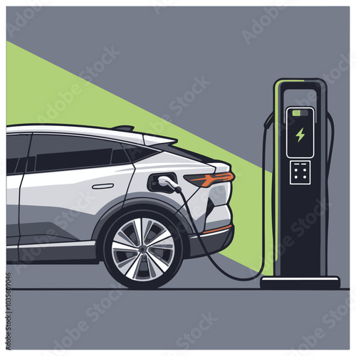 Modern electric sedan car charging parking at fast charger ev station with a plug in cable. Electrified battery vehicle transportation e-motion. Isolated flat vector illustration on white background