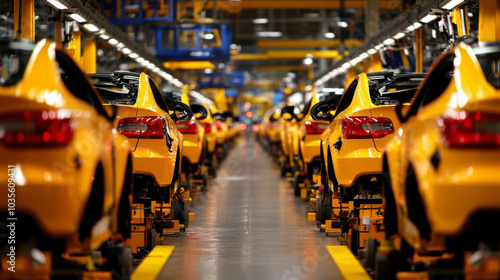 Automated assembly line showcasing yellow cars in factory setting, highlighting efficiency and precision of modern manufacturing processes