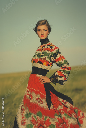 Vintage Ukraine concept. Portrait of strong beautiful blonde female model wearing Ukrainian designer clothing, posing on blue cloudy sky background. Retro, soviet period style. Outdoor shot photo