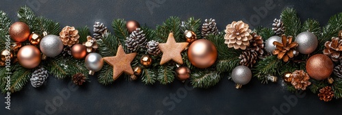 Christmas fastive banner, flat lay featuring silver and rose-gold baubles, a small Christmas tree figurine, and a star-shaped cookie arrangement in the border frame of a dark background photo