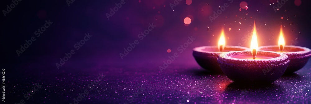 Diwali banner design, Oil lamps lite on purple and blue dark background with a text copy space. Diwali banner design, Oil lamps lite on purple and blue dark background with a text copy space.