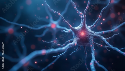 A highly detailed close-up of a neuron cell with glowing neural connections, representing the complexity of the brain and nervous system. The image highlights science, biology, and neuroscience.