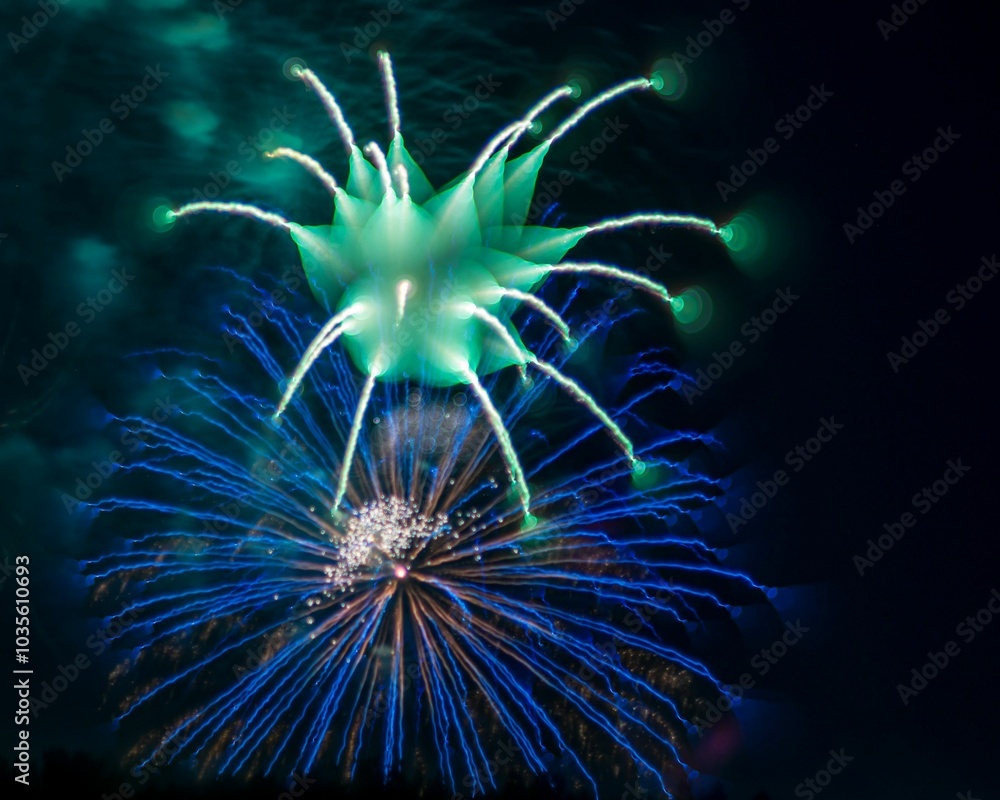Fototapeta premium Colorful fireworks display lighting up the night sky with vibrant green and blue bursts.