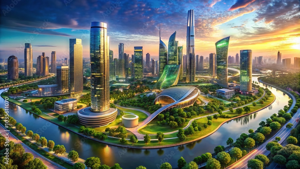 Obraz premium Aerial View of Futuristic Architecture in a Modern Cityscape with Skyscrapers and Green Spaces