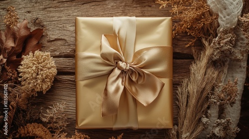 A present wrapped in gold paper and tied with a silk bow sits on a wooden table surrounded by festive decor