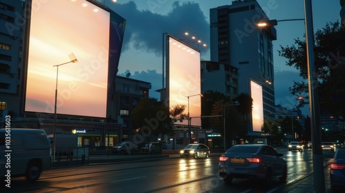 Cityscape at dusk with illuminated billboards and wet street reflections