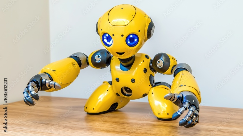 Cheerful Yellow Robot with Big Blue Eyes and Playful Expression on Wooden Desk Cheerful Yellow Robot with Big Blue Eyes and Playful Expression on Wooden Desk