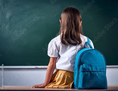 Una niña en el colegio, de pié y de espaldas frente a una pizarra photo