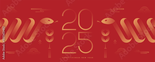 2025 Chinese New Year, year of the snake banner template design with modern geometric style snakes and decor. 