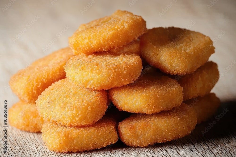 A pile of crispy golden chicken nuggets on a wooden surface. A pile of crispy golden chicken nuggets on a wooden surface.