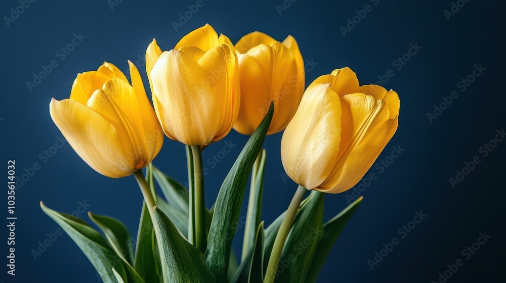Obraz premium Vibrant yellow tulips blue background