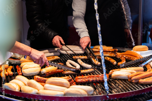 Photography Grilled sausages at Christmas Market at Copenhagen, Denmark.