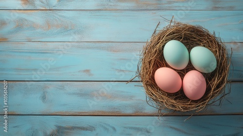 A nest containing pastel-colored eggs on a wooden surface, symbolizing Easter and spring.