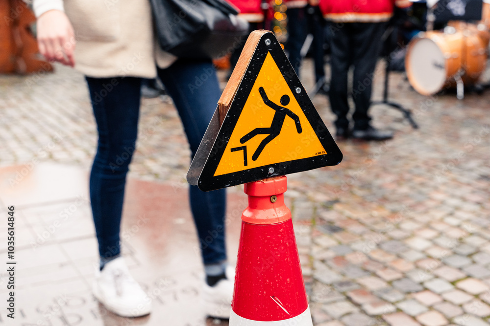 A yellow slippery caution sign is on the ground. The sign is placed on a sidewalk
