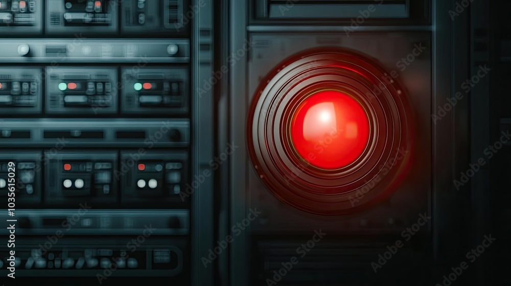 Fototapeta premium A close-up of a red light on a futuristic control panel, symbolizing advanced technology and artificial intelligence in modern systems.