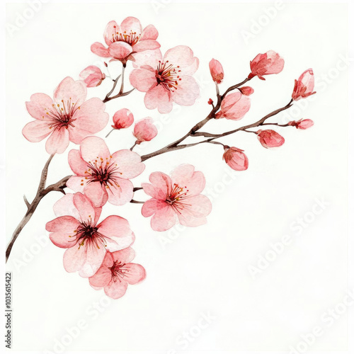 Fototapeta Naklejka Na Ścianę i Meble -  A cute watercolor cherry blossom branch with soft pink flowers, leaving space for copy