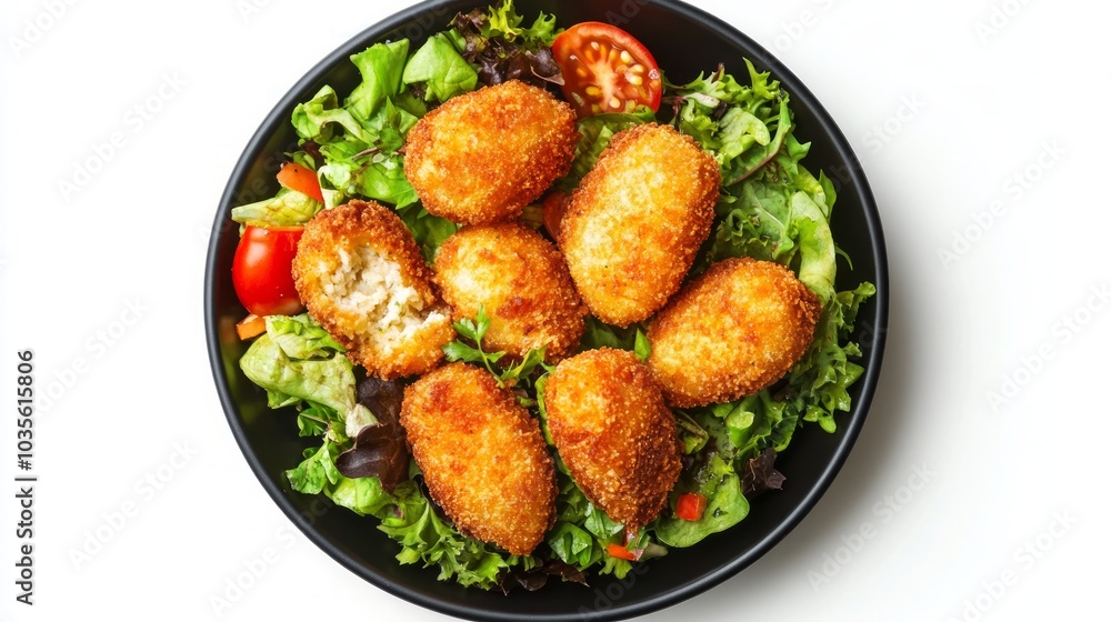 A plate of crispy golden croquettes served on a bed of fresh salad greens and tomatoes. A plate of crispy golden croquettes served on a bed of fresh salad greens and tomatoes.