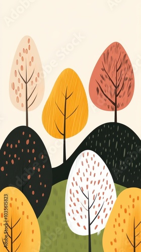 Autumn with stylized trees in warm colors