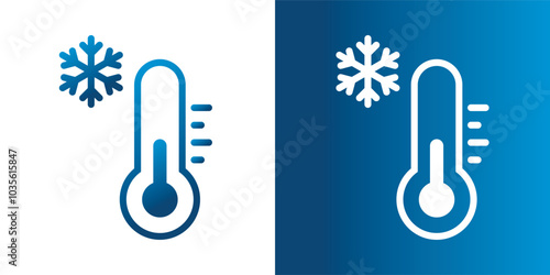 Cold temperature, keep frozen label, blue gradient thermometer with snowflake icon vector illustration. Cold weather flat sign. Storage in refrigerator and freezer. White and blue backgrounds.