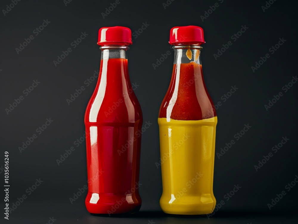Condiment Contrast: Ketchup and Mustard Bottles Popping on Black Background Condiment Contrast: Ketchup and Mustard Bottles Popping on Black Background