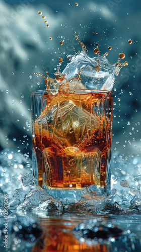 Whiskey splashing and ice clinking in a glass. photo