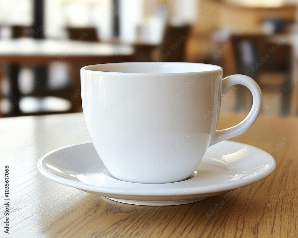 White cup and saucer sitting on a wooden table - Food and Drink White cup and saucer sitting on a wooden table - Food and Drink