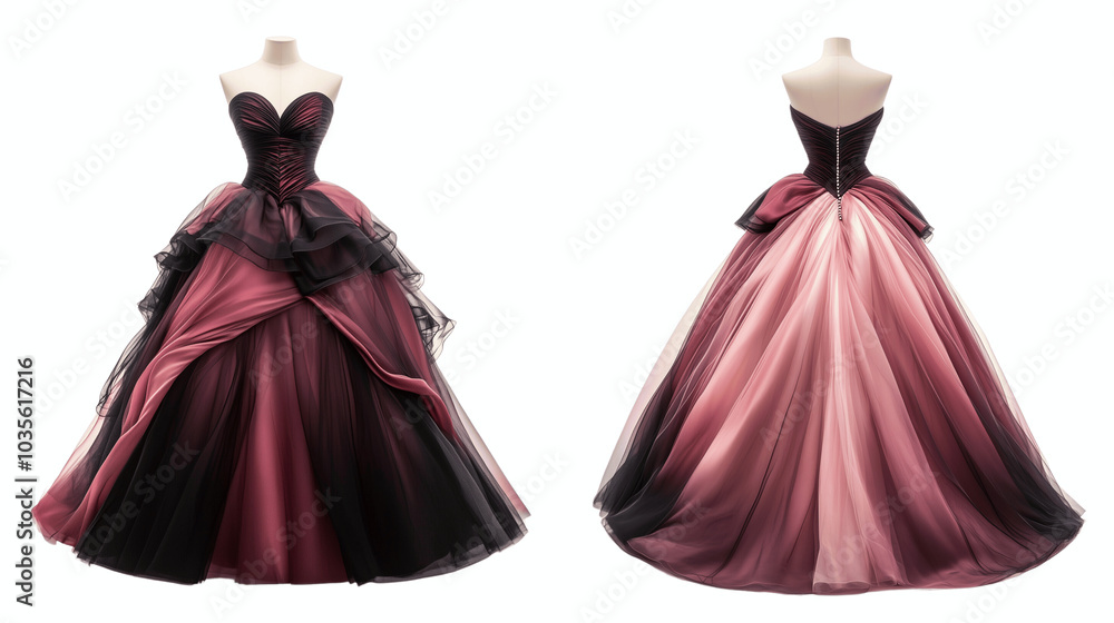 Obraz premium strapless ball gown mockup showcasing both front and back views, contrasting materials such as satin and organza, on a transparent backgrounds