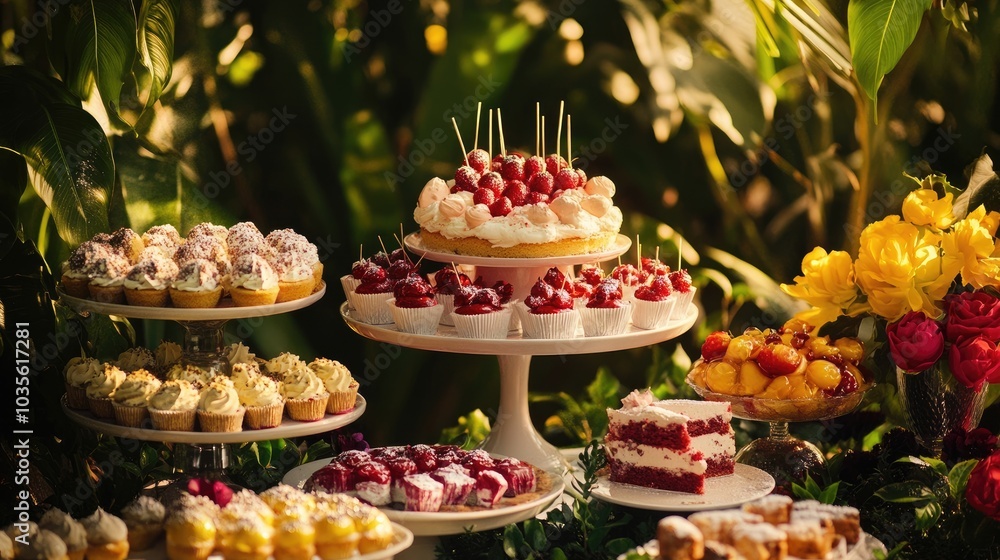 A delightful dessert table adorned with an array of treats and festive decorations in a garden setting A delightful dessert table adorned with an array of treats and festive decorations in a garden setting