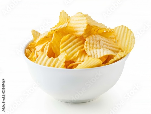 Satisfying Crunch: Delicious Ridge-cut Potato Chips on a White Background photo