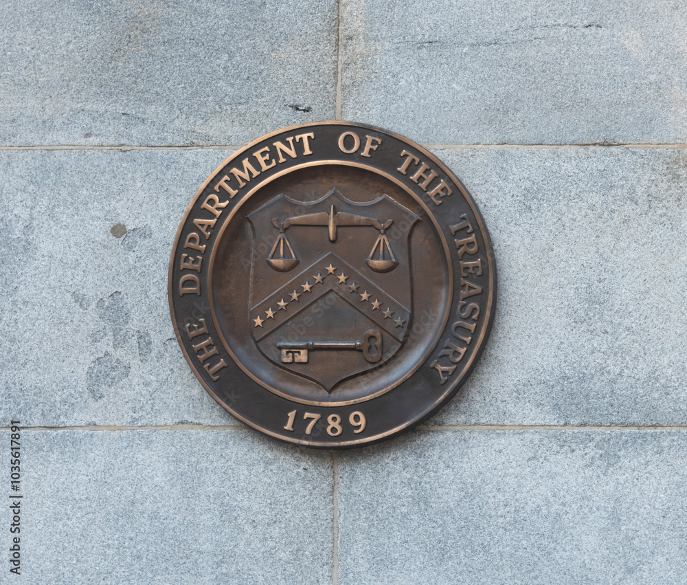 Close up of the Treasury Department sign in Washington