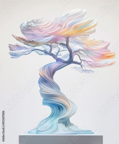 Surrealistic colorful tree sculpture on pedestal photo